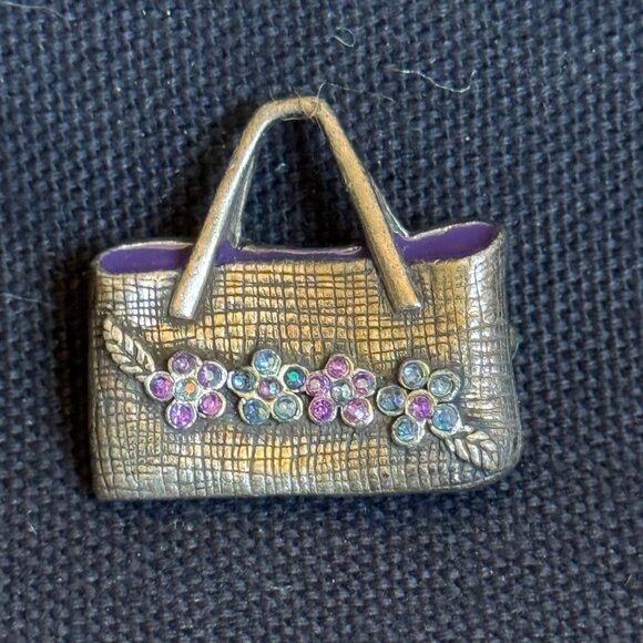Vintage Handbag Pin Brooch With Floral Rhinestone Accents & Purple Enamel Detail - Picture 2 of 9